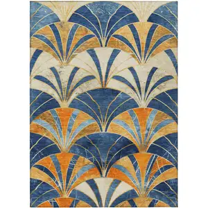 Photo of Blue Orange And Ivory Geometric Washable Indoor Outdoor Area Rug