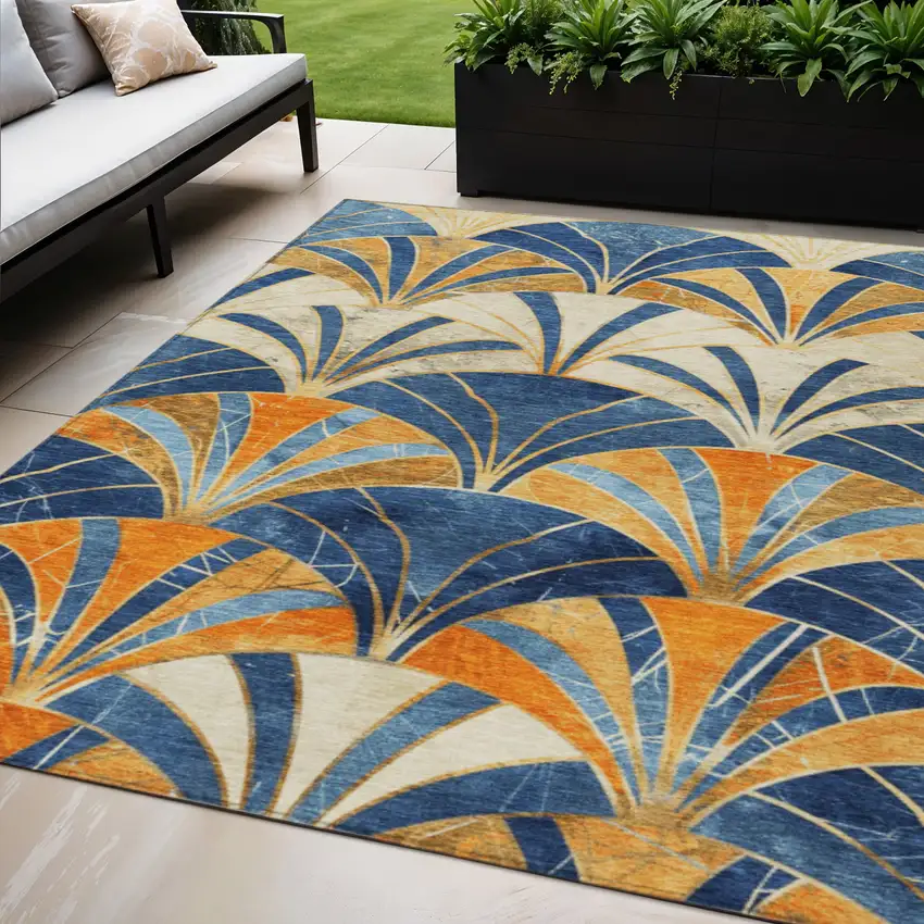 Blue Orange And Ivory Geometric Washable Indoor Outdoor Area Rug Photo 2