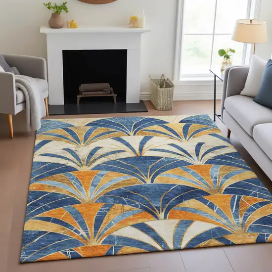 Blue Orange And Ivory Geometric Washable Indoor Outdoor Area Rug Photo 8