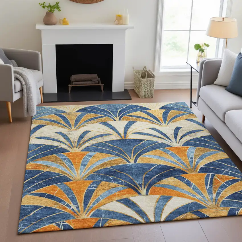Blue Orange And Ivory Geometric Washable Indoor Outdoor Area Rug Photo 8