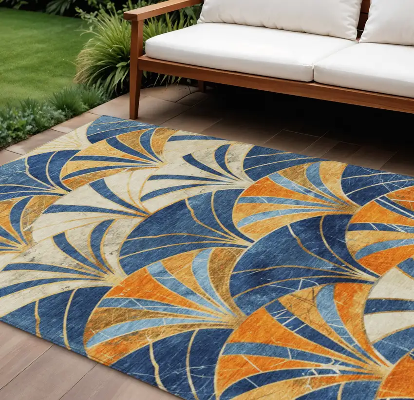 Blue Orange And Ivory Geometric Washable Indoor Outdoor Area Rug Photo 2