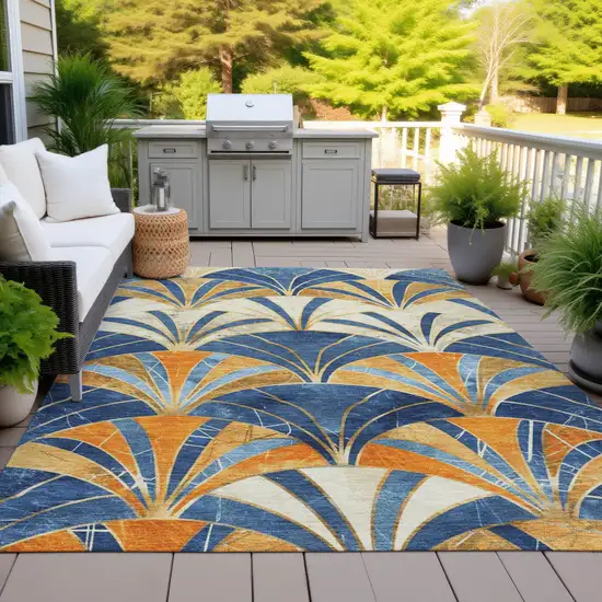 Blue Orange And Ivory Geometric Washable Indoor Outdoor Area Rug Photo 9