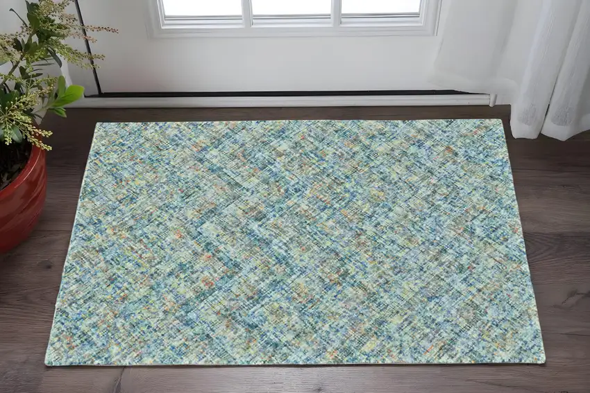 Blue Orange And Ivory Plaid Tufted Handmade Area Rug Photo 1