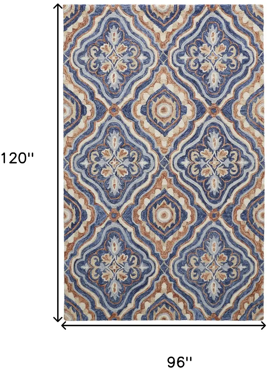 Blue Orange And Ivory Wool Floral Tufted Handmade Stain Resistant Area Rug Photo 10