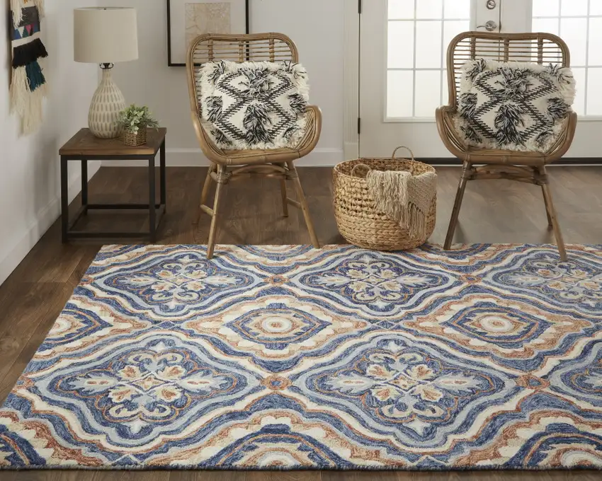 Blue Orange And Ivory Wool Floral Tufted Handmade Stain Resistant Area Rug Photo 8
