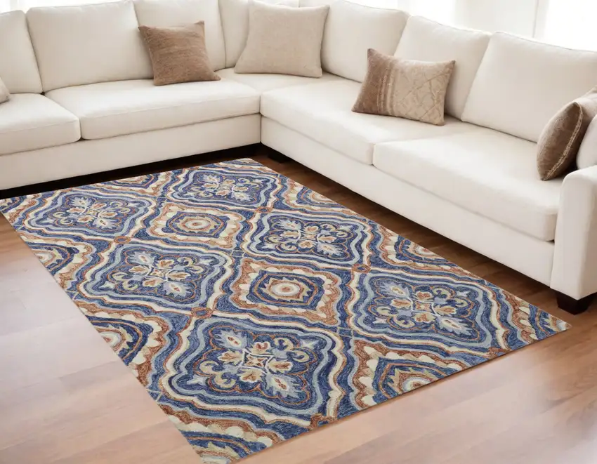Blue Orange And Ivory Wool Geometric Tufted Handmade Stain Resistant Area Rug Photo 1