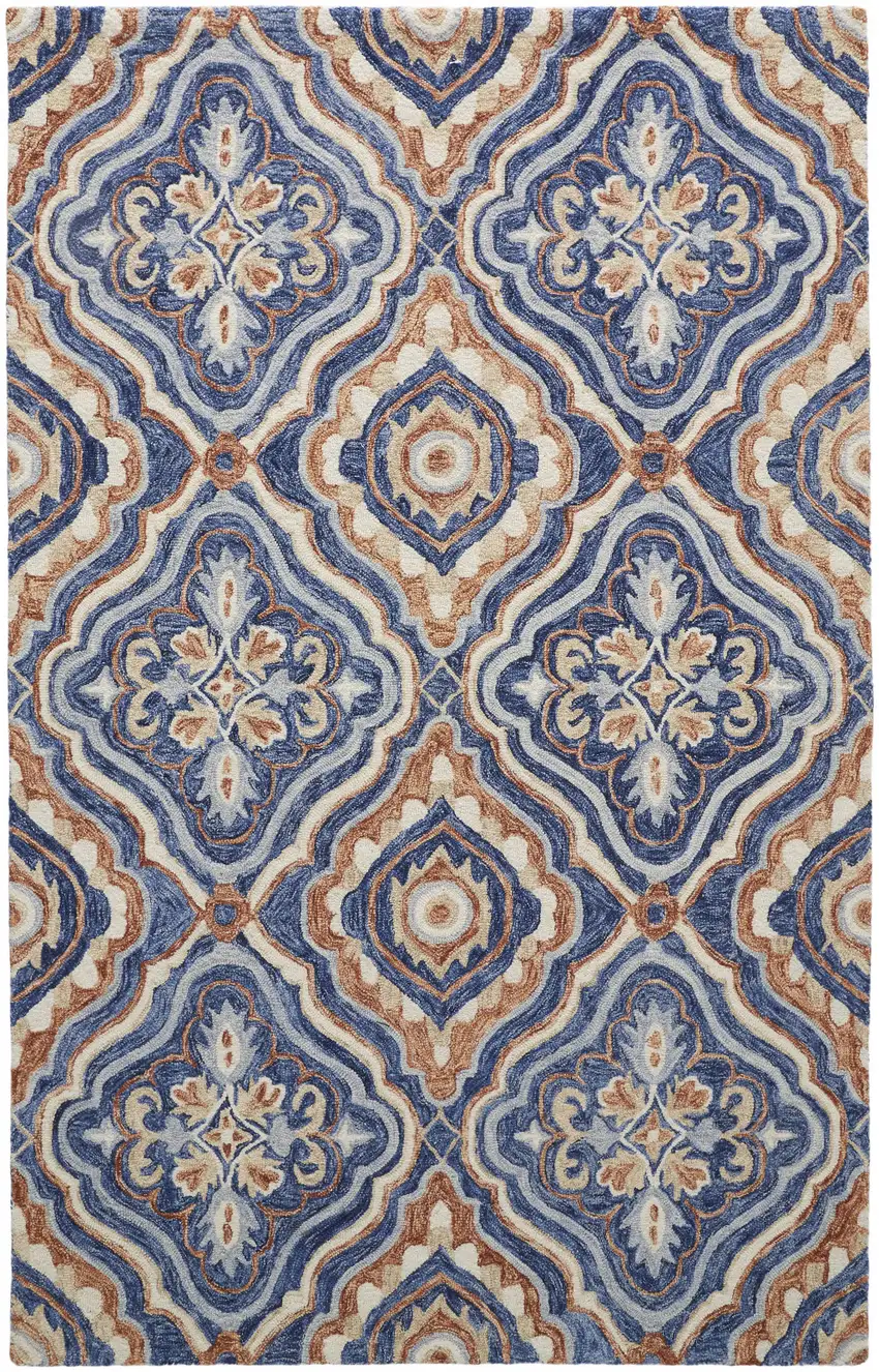 Blue Orange And Ivory Wool Geometric Tufted Handmade Stain Resistant Area Rug Photo 1