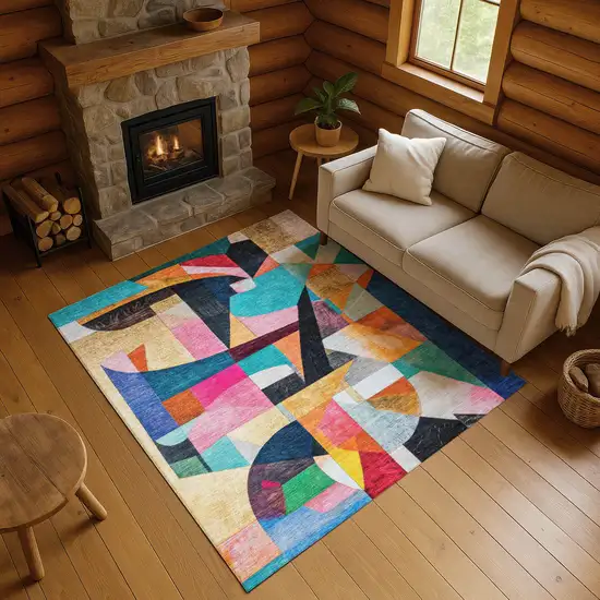 Blue Orange And Pink Abstract Washable Area Rug With UV Protection Photo 4