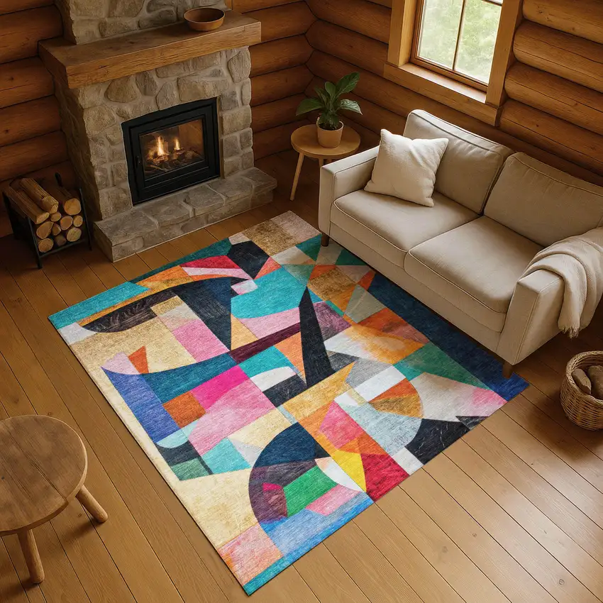 Blue Orange And Pink Abstract Washable Area Rug With UV Protection Photo 4