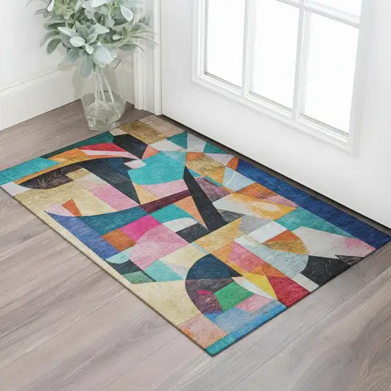 Blue Orange And Pink Abstract Washable Area Rug With UV Protection Photo 2
