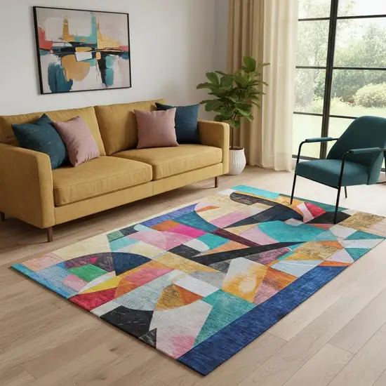 Blue Orange And Pink Abstract Washable Area Rug With UV Protection Photo 2