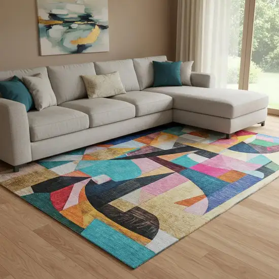 Blue Orange And Pink Abstract Washable Area Rug With UV Protection Photo 2