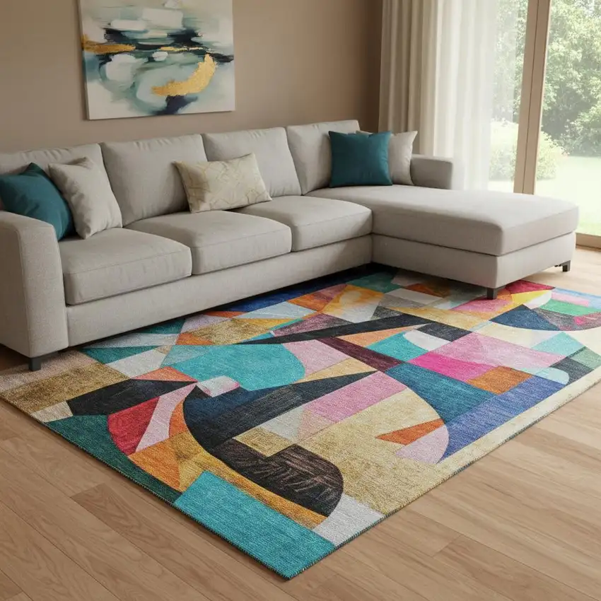 Blue Orange And Pink Abstract Washable Area Rug With UV Protection Photo 2