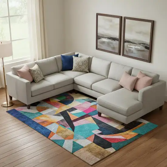 Blue Orange And Pink Abstract Washable Area Rug With UV Protection Photo 2