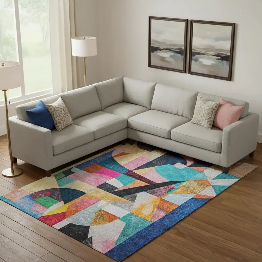 Blue Orange And Pink Abstract Washable Area Rug With UV Protection Photo 2