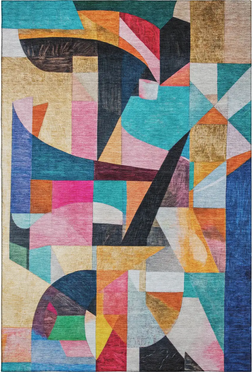 Blue Orange And Pink Abstract Washable Area Rug With UV Protection Photo 1