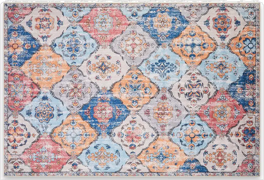 Blue Orange And Pink Patchwork Distressed Washable Area Rug Photo 2