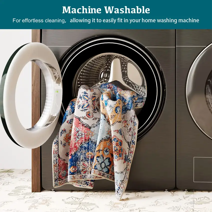 Blue Orange And Pink Patchwork Distressed Washable Area Rug Photo 8