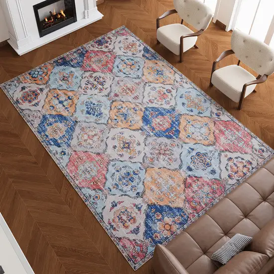 Blue Orange And Pink Patchwork Distressed Washable Area Rug Photo 7