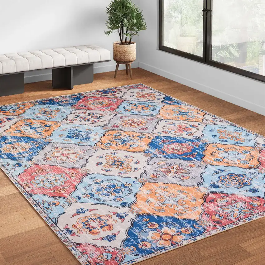 Blue Orange And Pink Patchwork Distressed Washable Area Rug Photo 3
