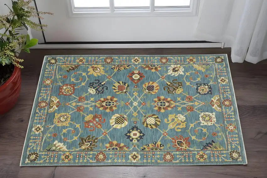 Blue Orange And Yellow Oriental Area Rug With Fringe Photo 1