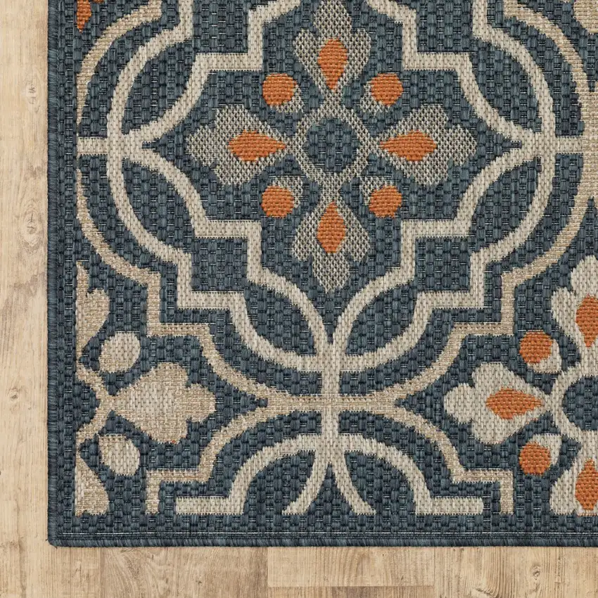 Blue Orange Floral Lattice Indoor Outdoor Area Rug Photo 2