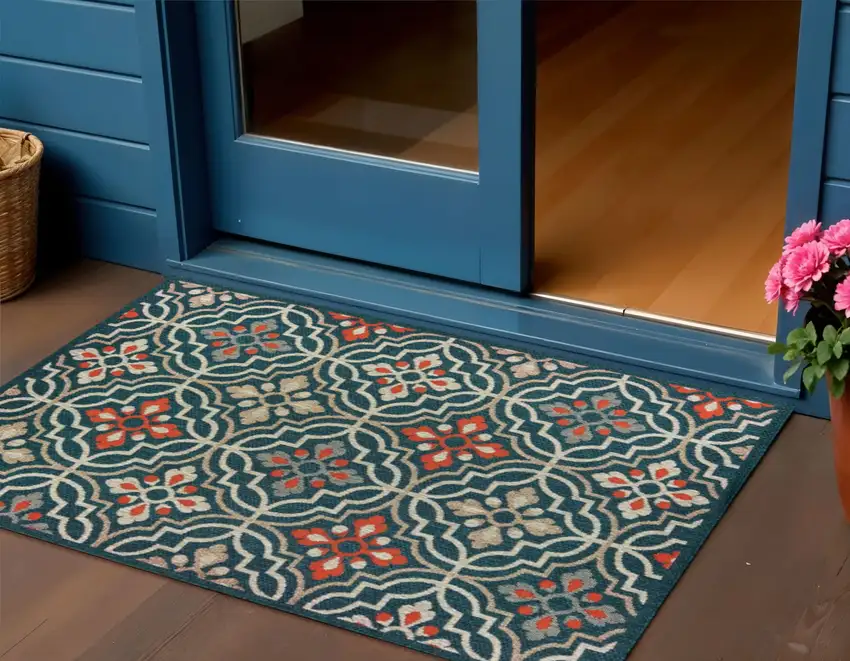 Blue And Orange Moroccan Indoor Outdoor Area Rug Photo 1