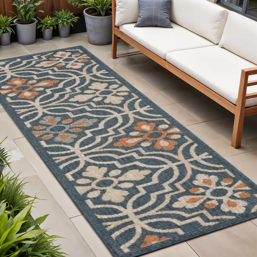 8' Blue And Orange Moroccan Indoor Outdoor Area Rug Photo 1