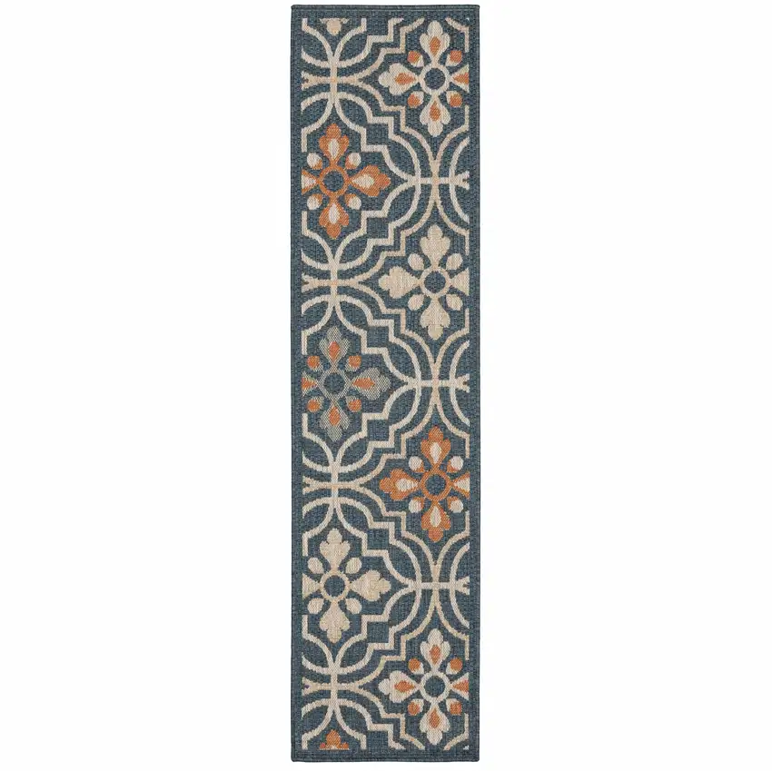 Blue Orange Floral Lattice Indoor Outdoor Runner Rug Photo 1