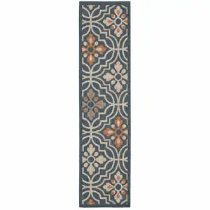 Photo of Blue Orange Floral Lattice Indoor Outdoor Runner Rug