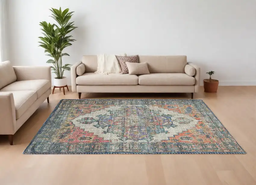 7'X12' Blue Orange Hand Woven Traditional Medallion Indoor Area Rug Photo 1
