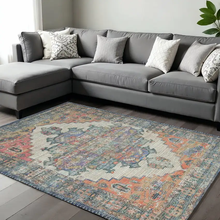 Blue Brick Red And Brown Jute Medallion Hand Woven Area Rug Photo 1