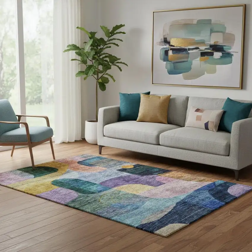 Blue Orange Pink And Purple Abstract Geometric Washable Area Rug With UV Protection Photo 2