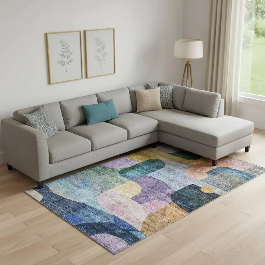 Blue Orange Pink And Purple Abstract Geometric Washable Area Rug With UV Protection Photo 2