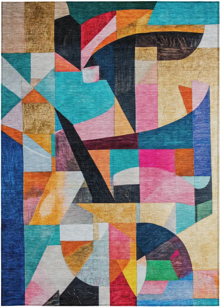 Blue Orange Pink And Yellow Abstract Washable Indoor Outdoor Area Rug Photo 3