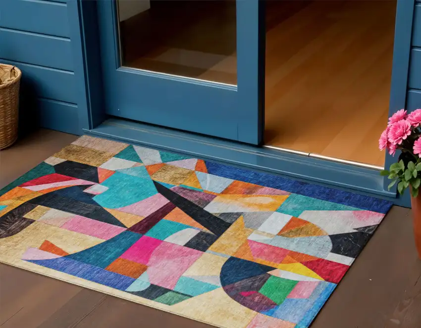 Blue Orange Pink And Yellow Abstract Washable Indoor Outdoor Area Rug Photo 2