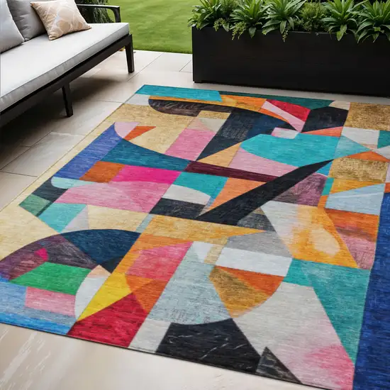 Blue Orange Pink And Yellow Abstract Washable Indoor Outdoor Area Rug Photo 2