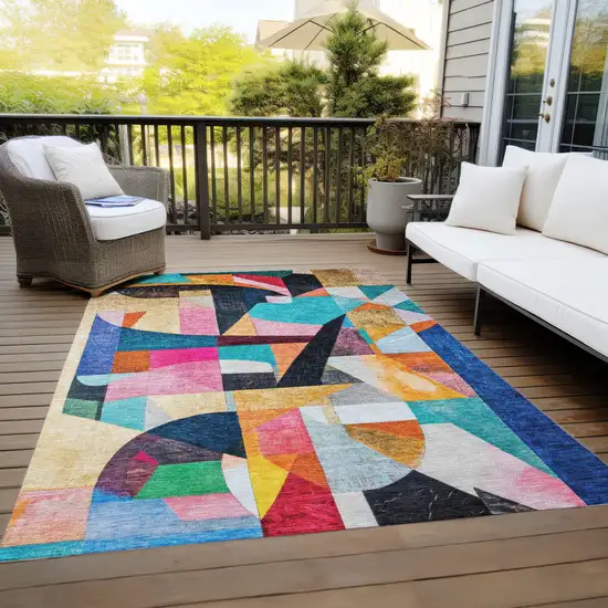 Blue Orange Pink And Yellow Abstract Washable Indoor Outdoor Area Rug Photo 9