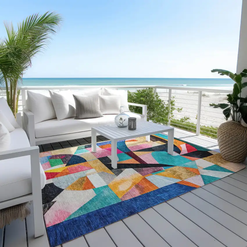 Blue Orange Pink And Yellow Abstract Washable Indoor Outdoor Area Rug Photo 6