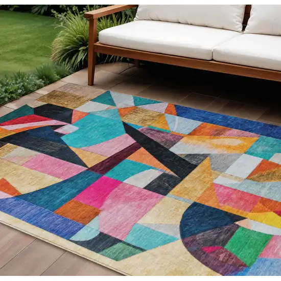 Blue Orange Pink And Yellow Abstract Washable Indoor Outdoor Area Rug Photo 2