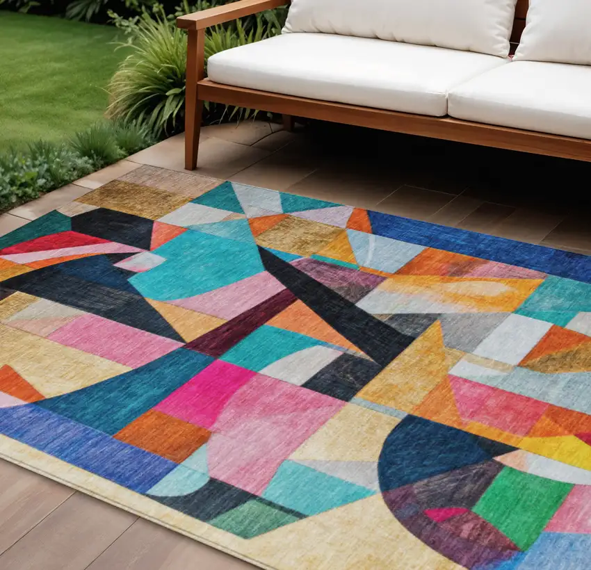 Blue Orange Pink And Yellow Abstract Washable Indoor Outdoor Area Rug Photo 2