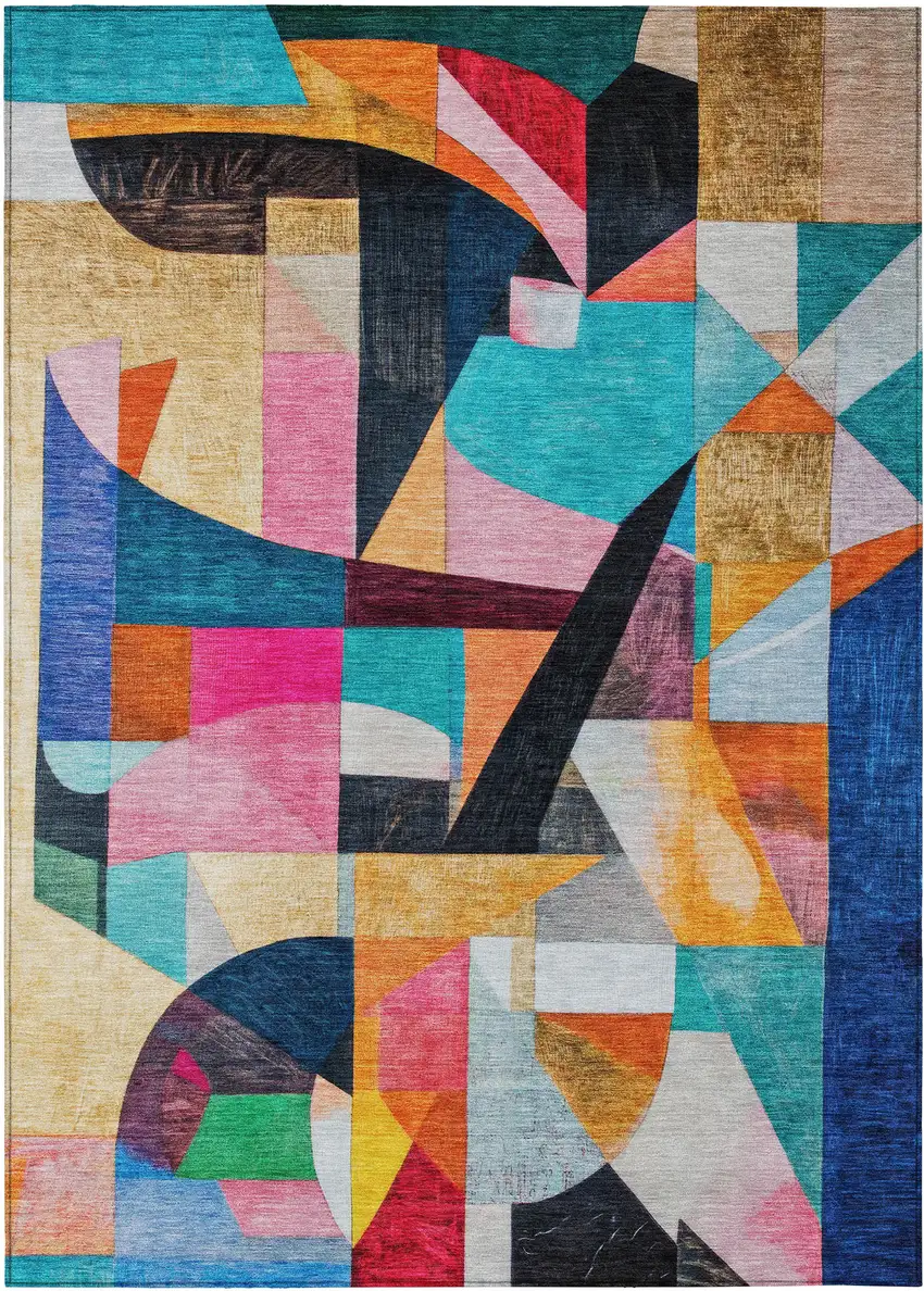 Blue Orange Pink And Yellow Abstract Washable Indoor Outdoor Area Rug Photo 1