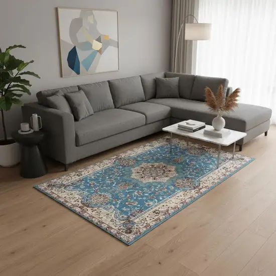 Blue and Ivory Oriental Power Loom Area Rug Photo 1