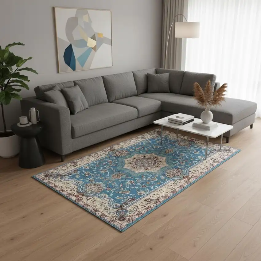 Blue and Ivory Oriental Power Loom Area Rug Photo 1