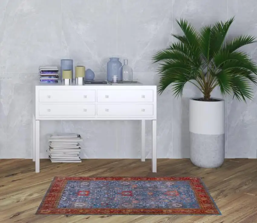 Blue Oriental Distressed Non Skid Area Rug Photo 2