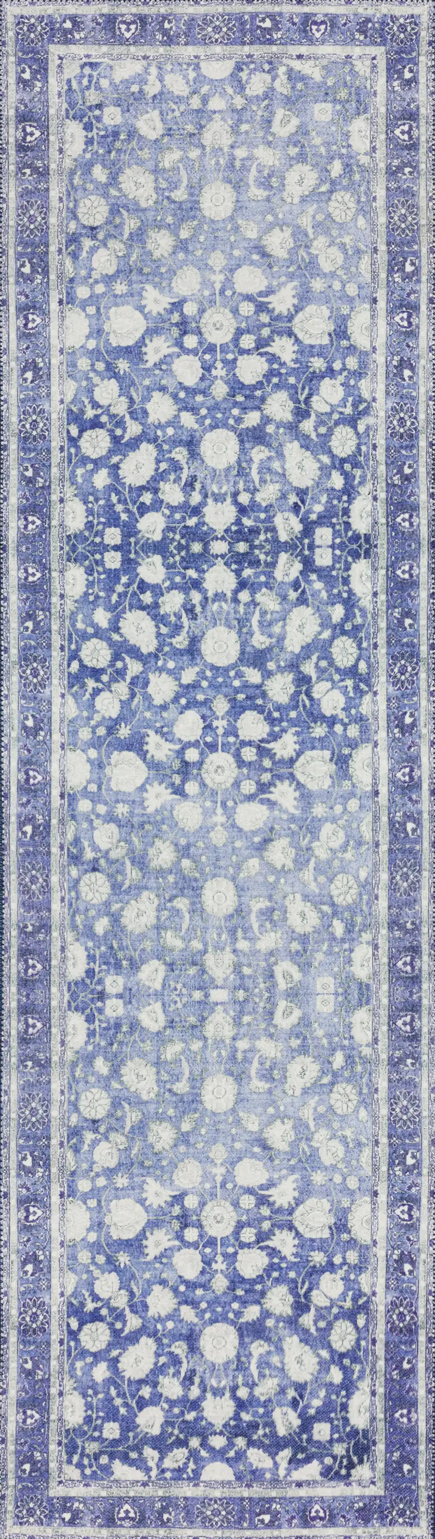 2' X 8' Blue Oriental Distressed Non Skid Runner Rug Photo 5
