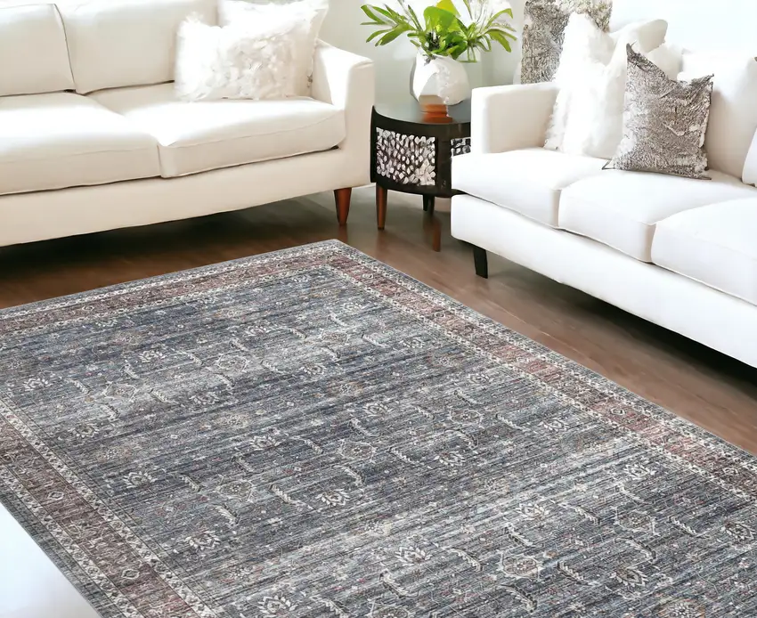 Blue Oriental Distressed Stain Resistant Area Rug Photo 2