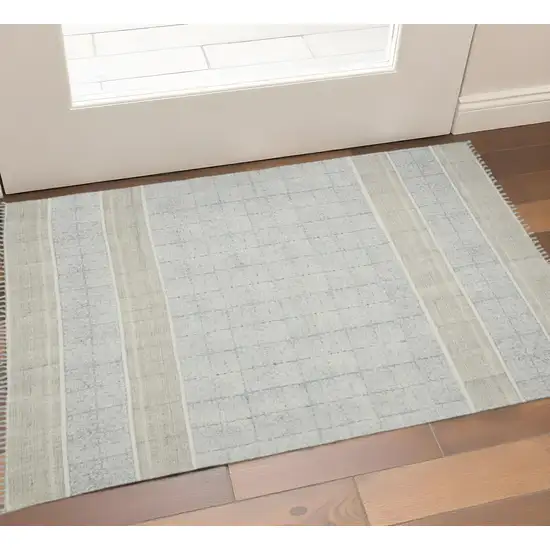 Blue And Gray Striped Flatweave Handmade Distressed Area Rug With Fringe Photo 1