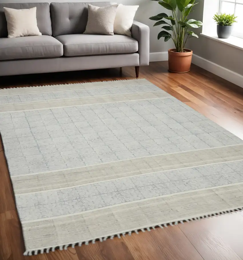 Blue And Gray Striped Flatweave Handmade Distressed Area Rug With Fringe Photo 1
