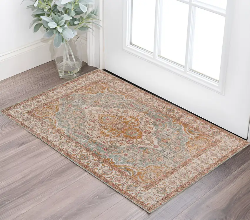 Sea Blue and Orange Oriental Power Loom Area Rug Photo 1
